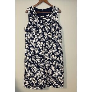 Talbots 14 Blue White Cotton Dress Fruit Print Embroidered Trim Textured Coastal